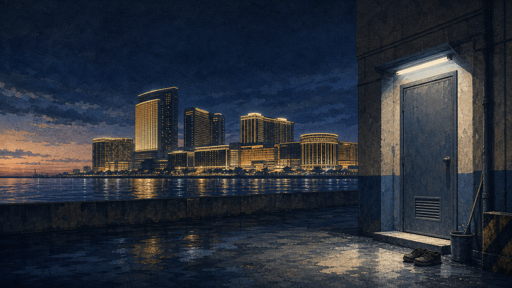 Manila Bay at 4 AM — the service entrance of an integrated resort during the graveyard shift change