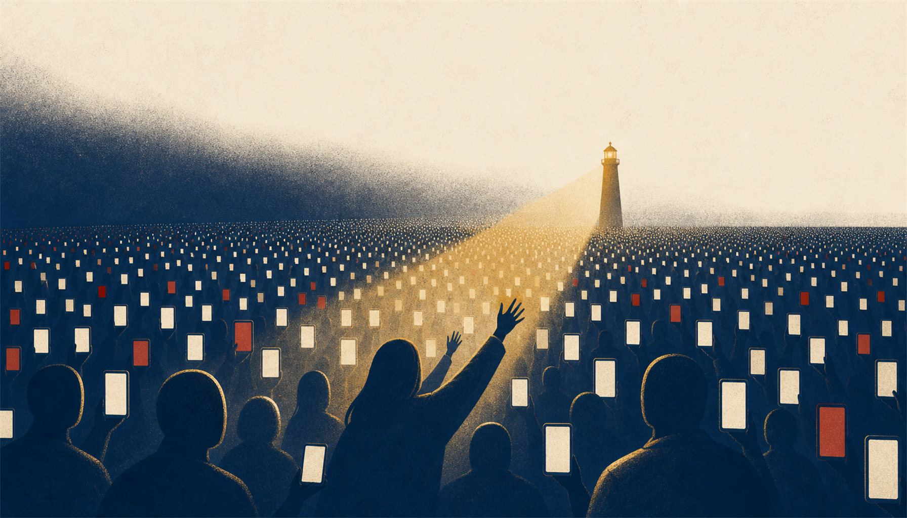 A vast crowd rendered as glowing phone screens, with a few figures reaching toward a steady helpline light