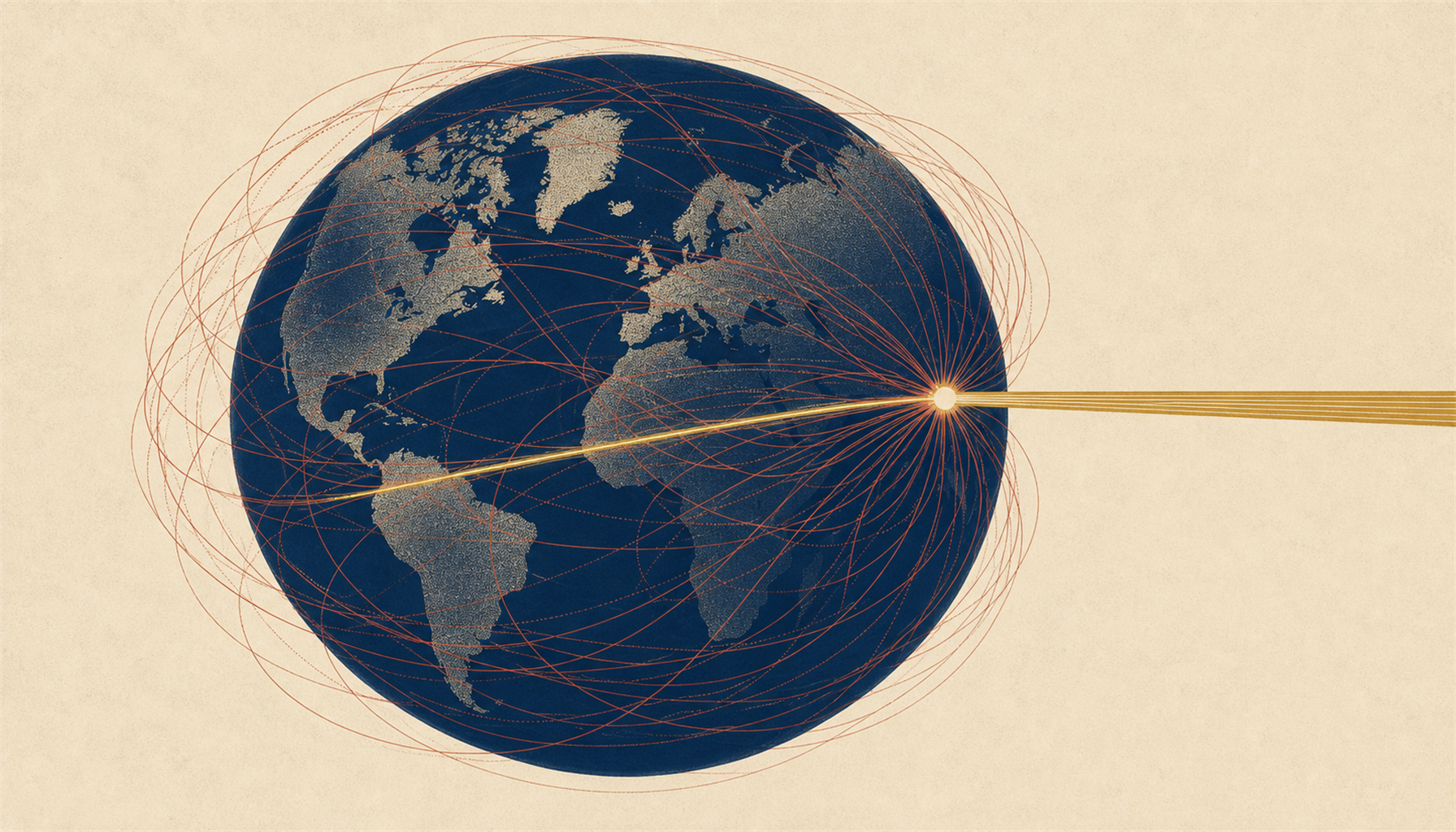 A globe wrapped in betting-market flows converging on a single tournament, with a thin licensed lane highlighted